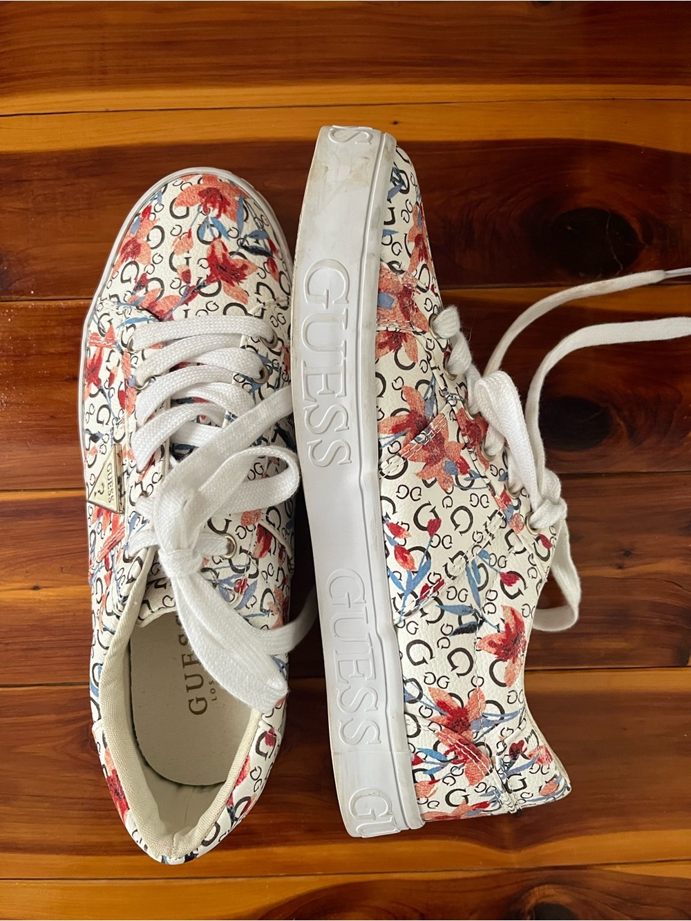 GUESS White Floral Logo Lace-Up Sneakers